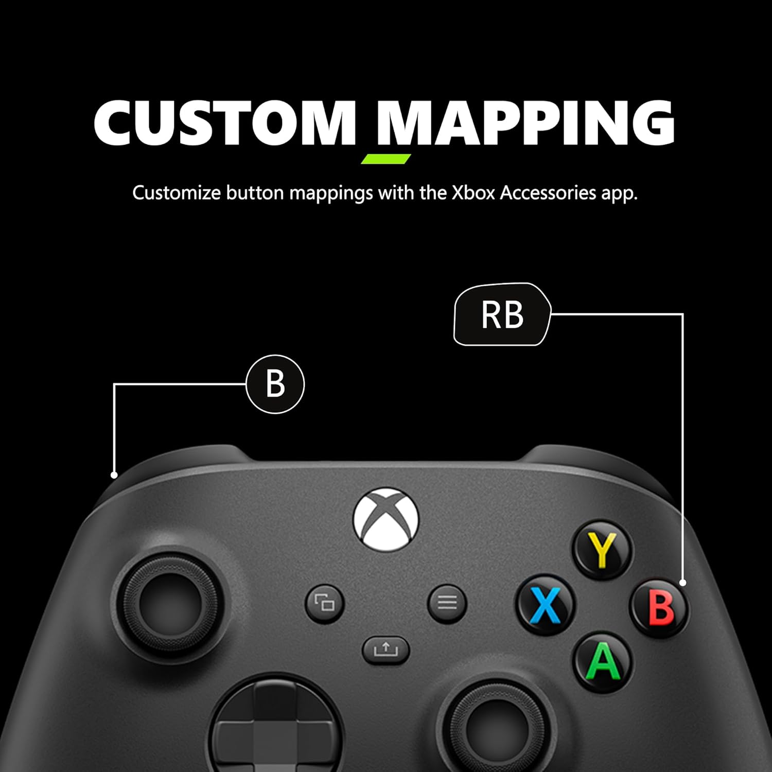 Xbox controller with labeled buttons and text about custom mapping on a black background