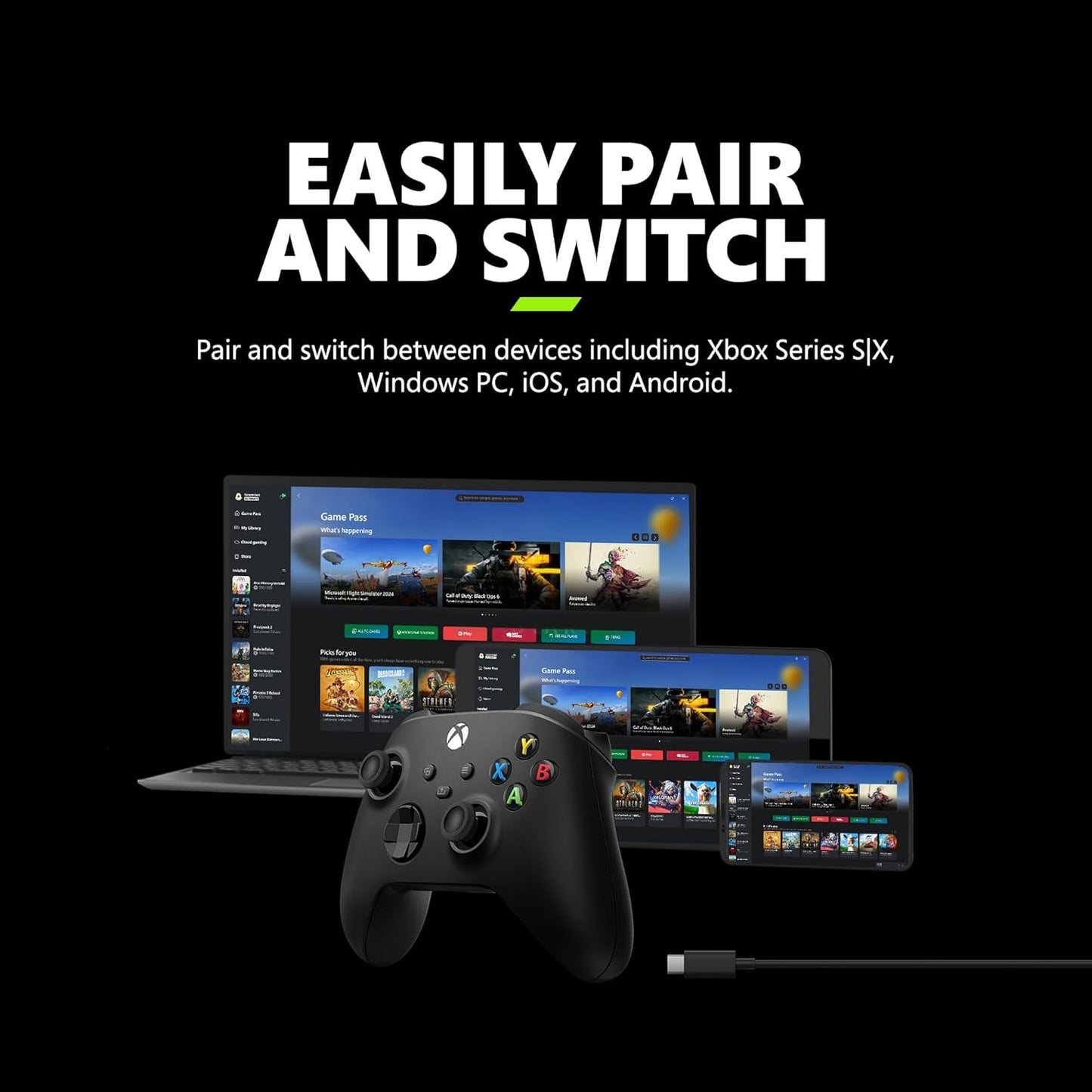 Gaming controller and devices with text 'Easily Pair and Switch' on a black background