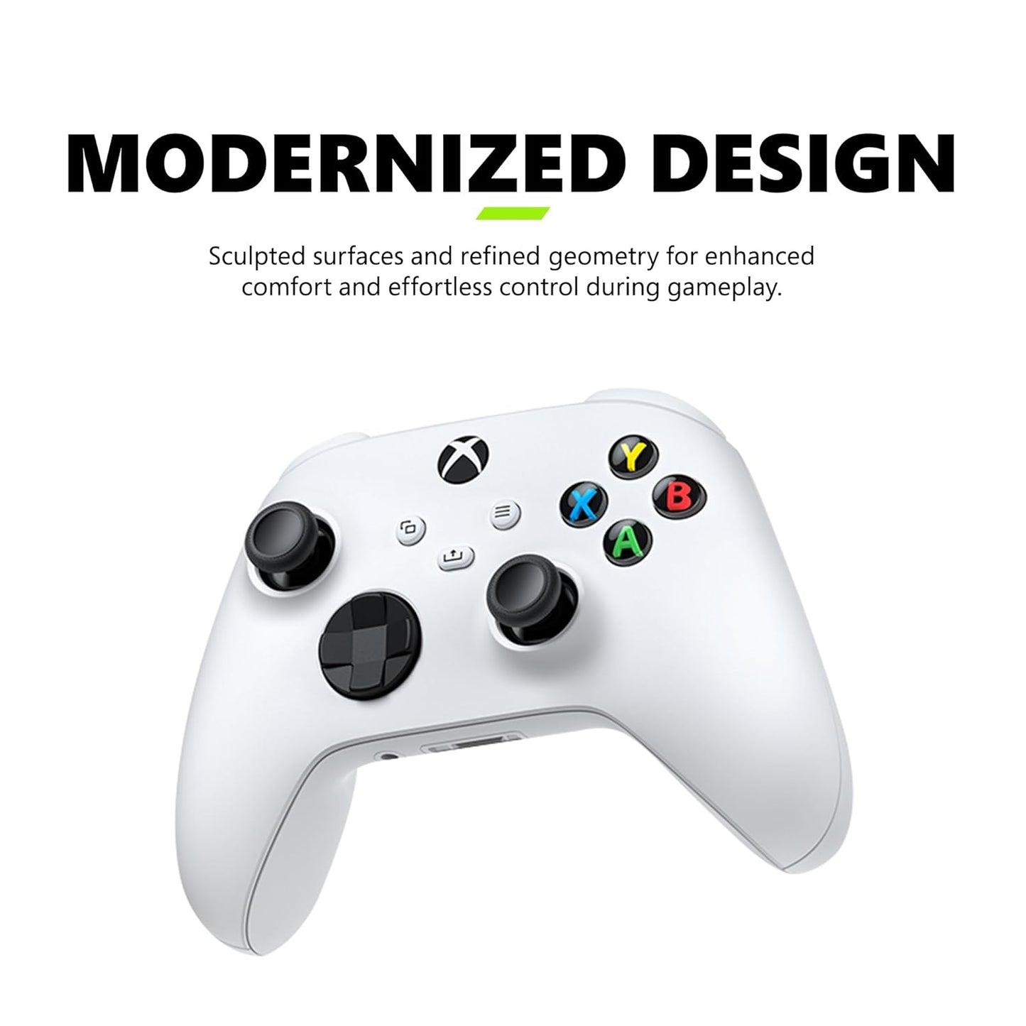 White gaming controller with black buttons on a white background, featuring text about modernized design.