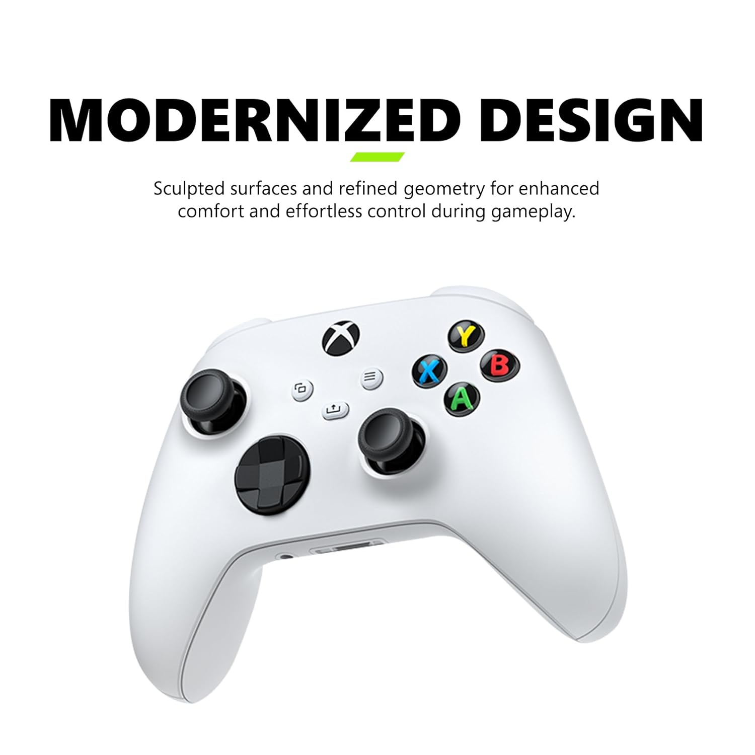 White gaming controller with black buttons on a white background, featuring text about modernized design.