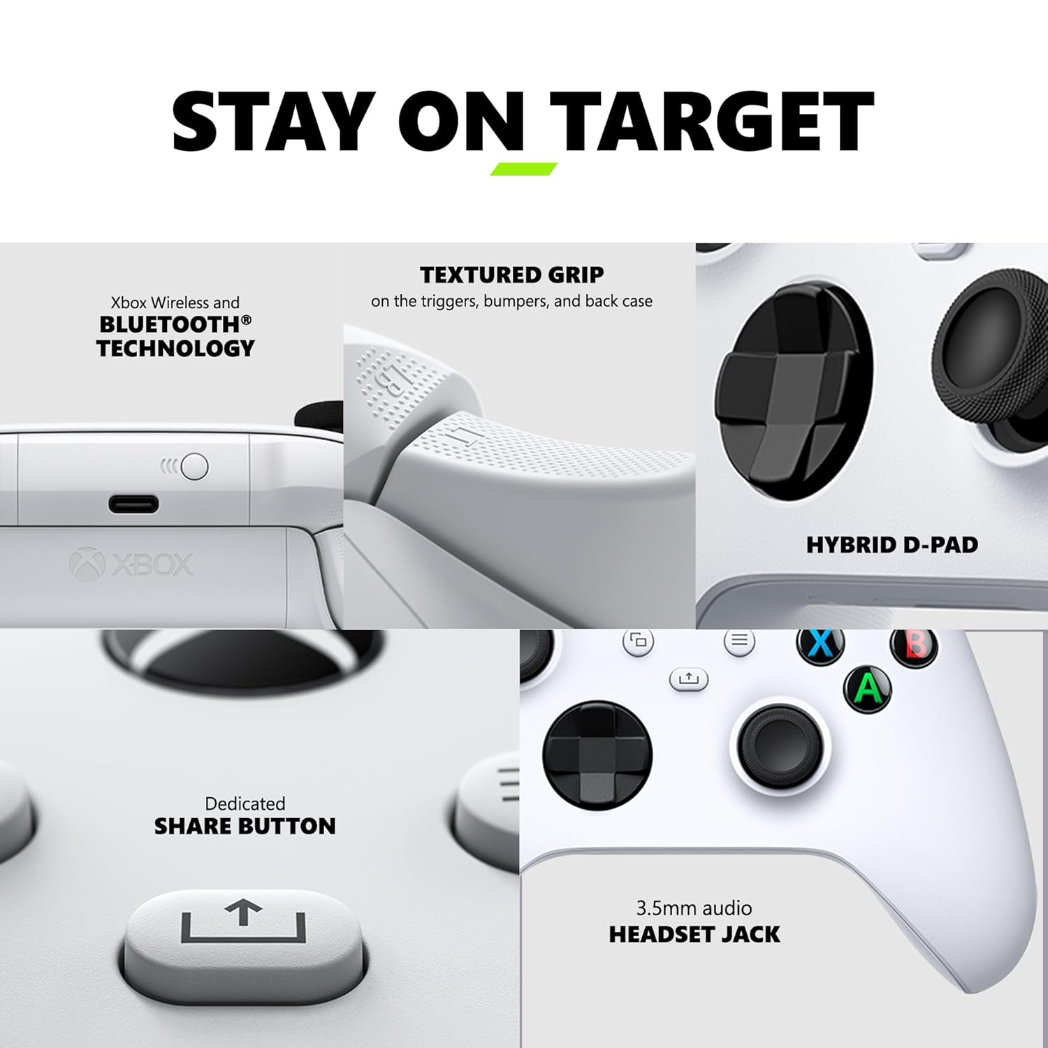 White gaming controller with features highlighted on a white background