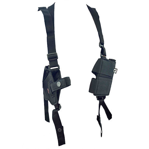 Black shoulder holster with magazine pouch on a white background